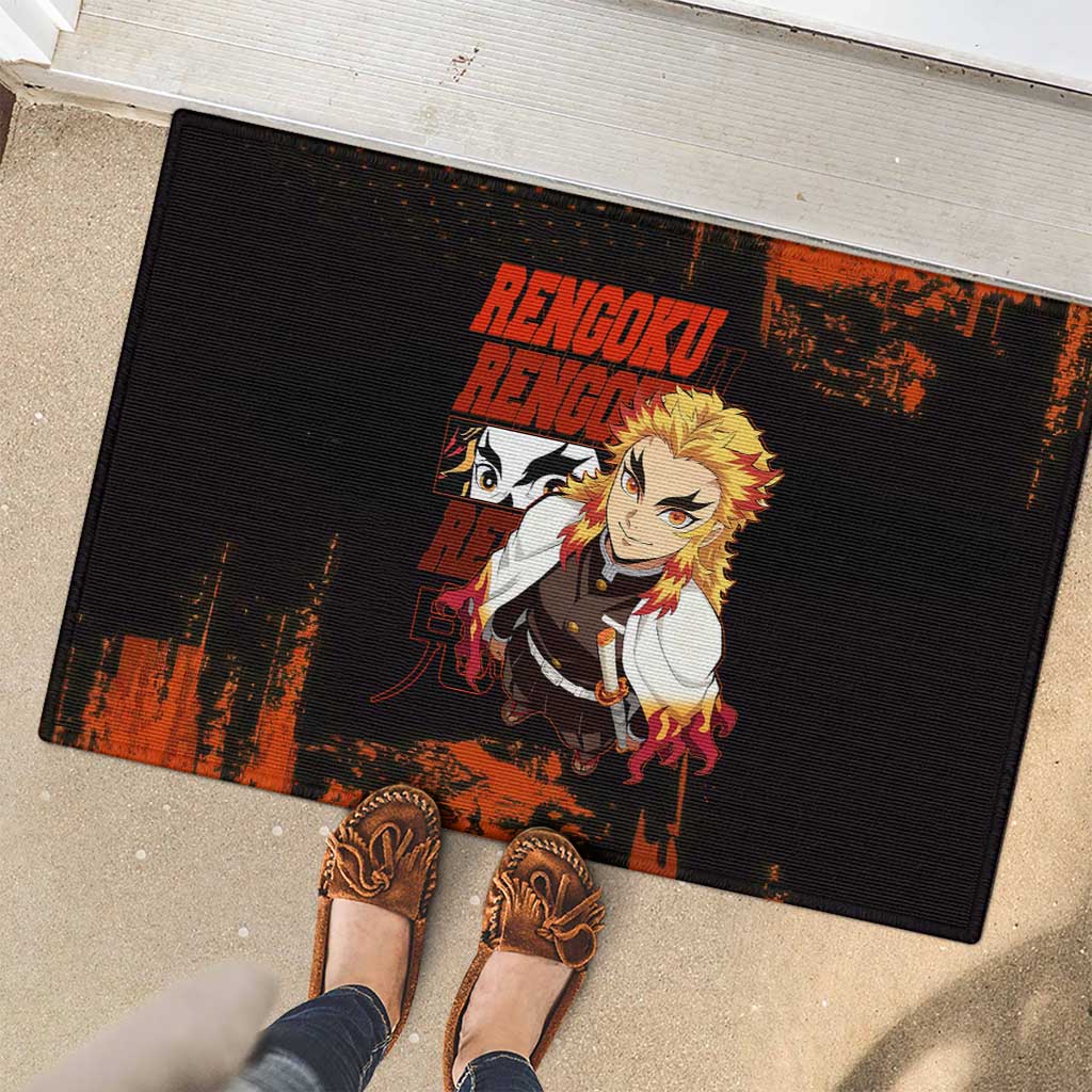 Kyojuro Rengoku Demon Slayer Black and Orange Grunge Design Rubber Doormat with Bold Eyes and Flame Hashira Artwork - The Mazicc