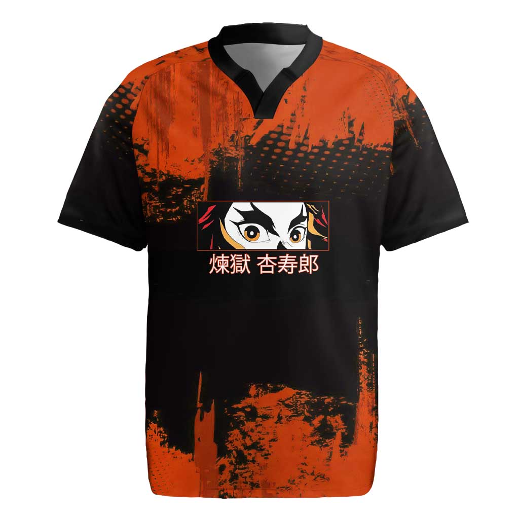 Kyojuro Rengoku Demon Slayer Black and Orange Grunge Design Rugby Jersey with Bold Eyes and Flame Hashira Artwork - The Mazicc