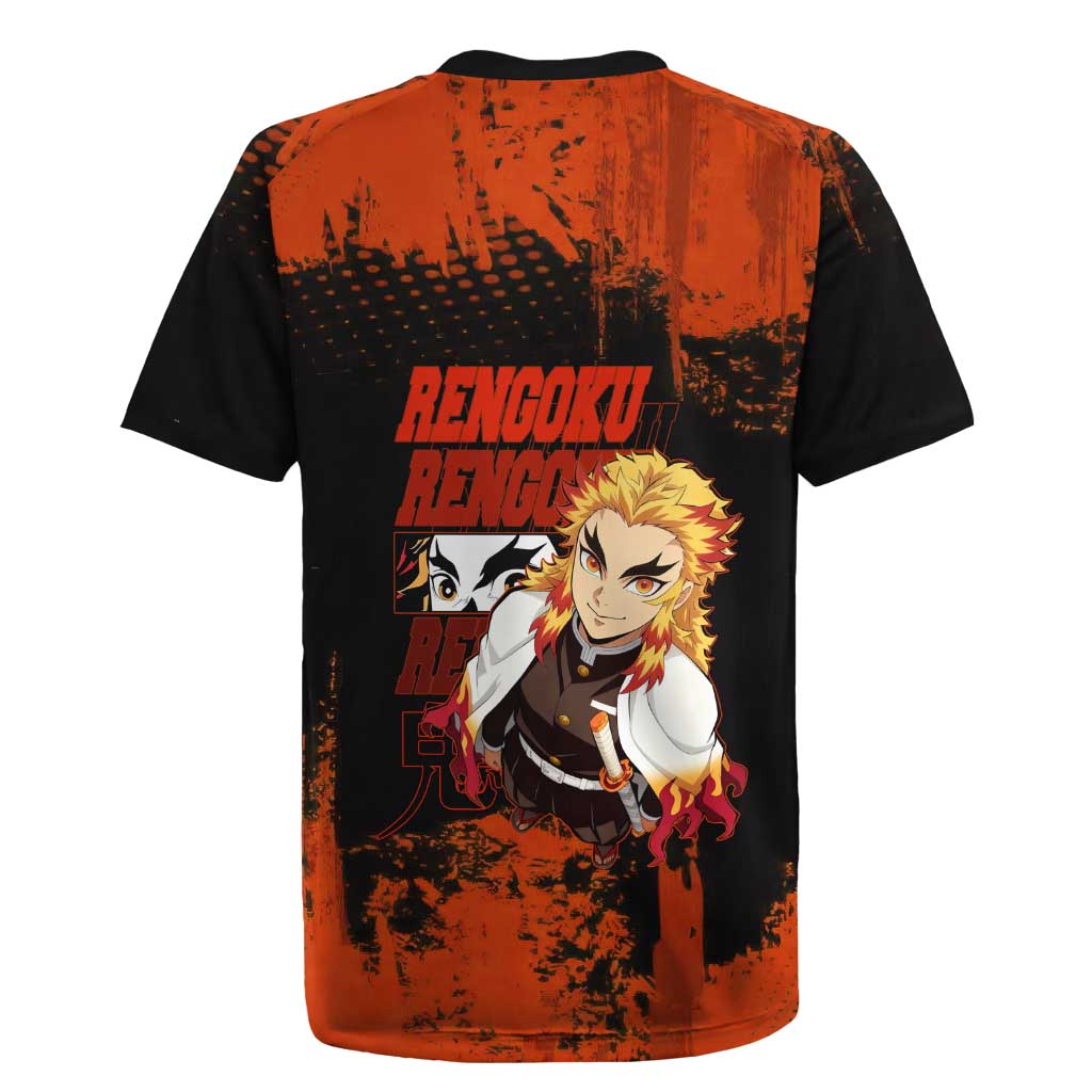 Kyojuro Rengoku Demon Slayer Black and Orange Grunge Design Rugby Jersey with Bold Eyes and Flame Hashira Artwork - The Mazicc
