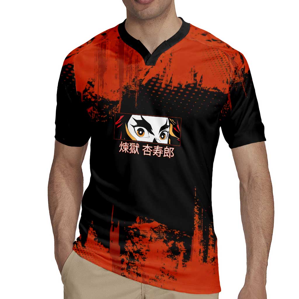 Kyojuro Rengoku Demon Slayer Black and Orange Grunge Design Rugby Jersey with Bold Eyes and Flame Hashira Artwork - The Mazicc