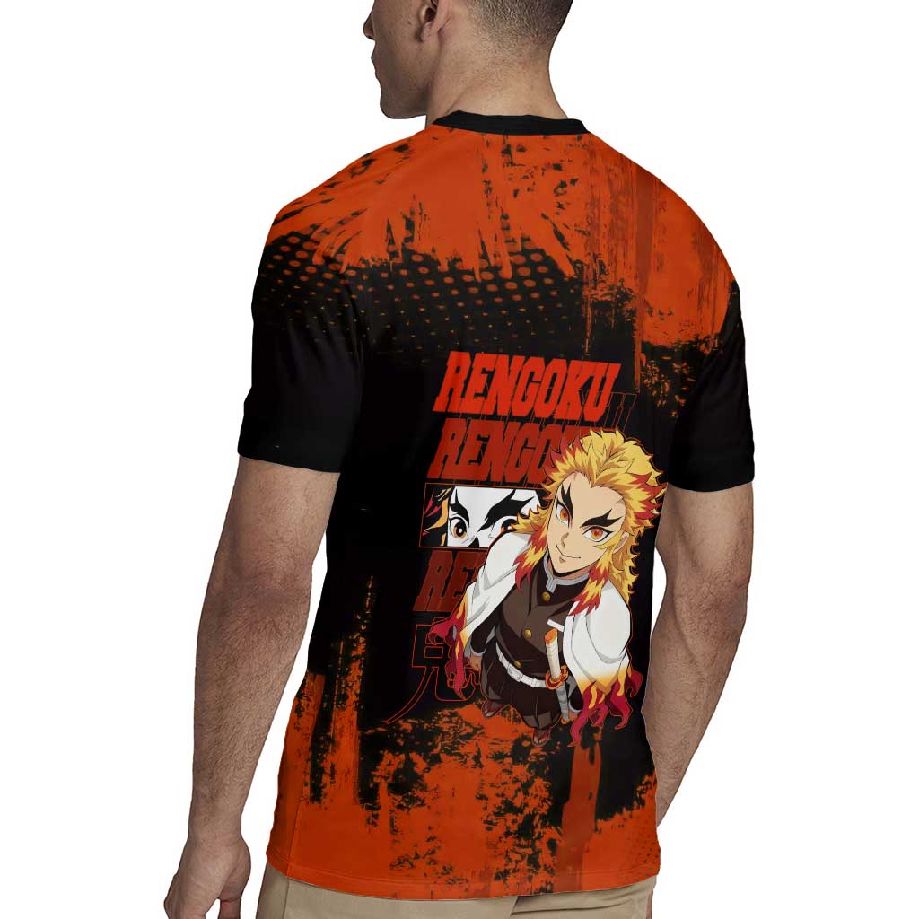Kyojuro Rengoku Demon Slayer Black and Orange Grunge Design Rugby Jersey with Bold Eyes and Flame Hashira Artwork - The Mazicc