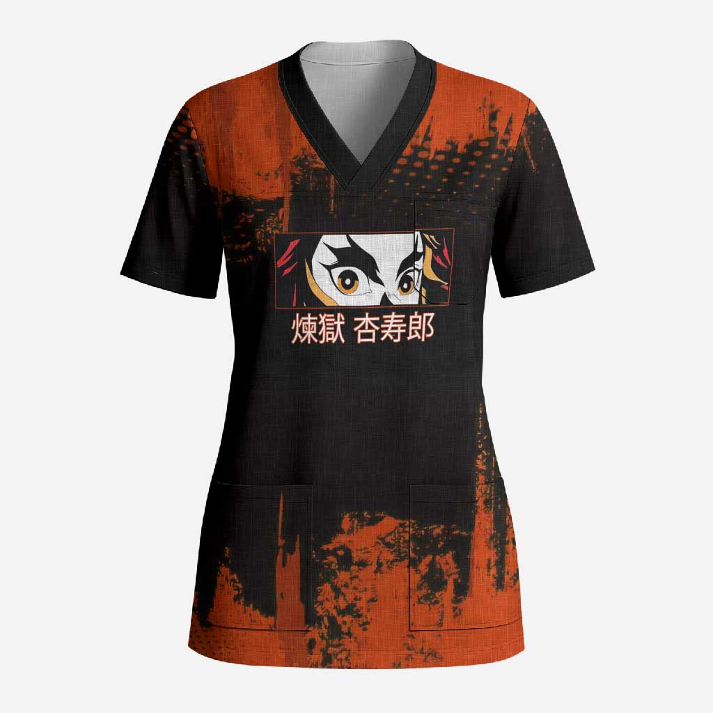 Kyojuro Rengoku Demon Slayer Black and Orange Grunge Design Scrub Top with Bold Eyes and Flame Hashira Artwork - The Mazicc