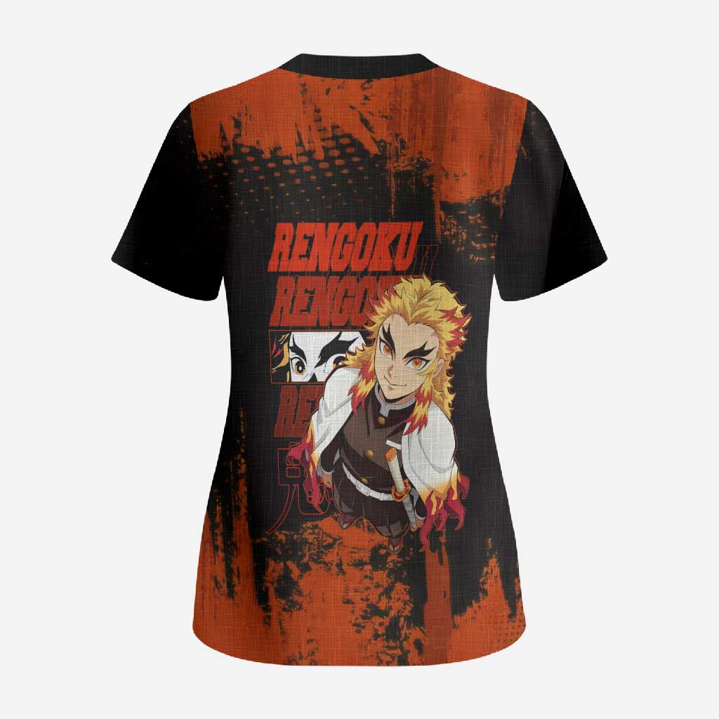 Kyojuro Rengoku Demon Slayer Black and Orange Grunge Design Scrub Top with Bold Eyes and Flame Hashira Artwork - The Mazicc