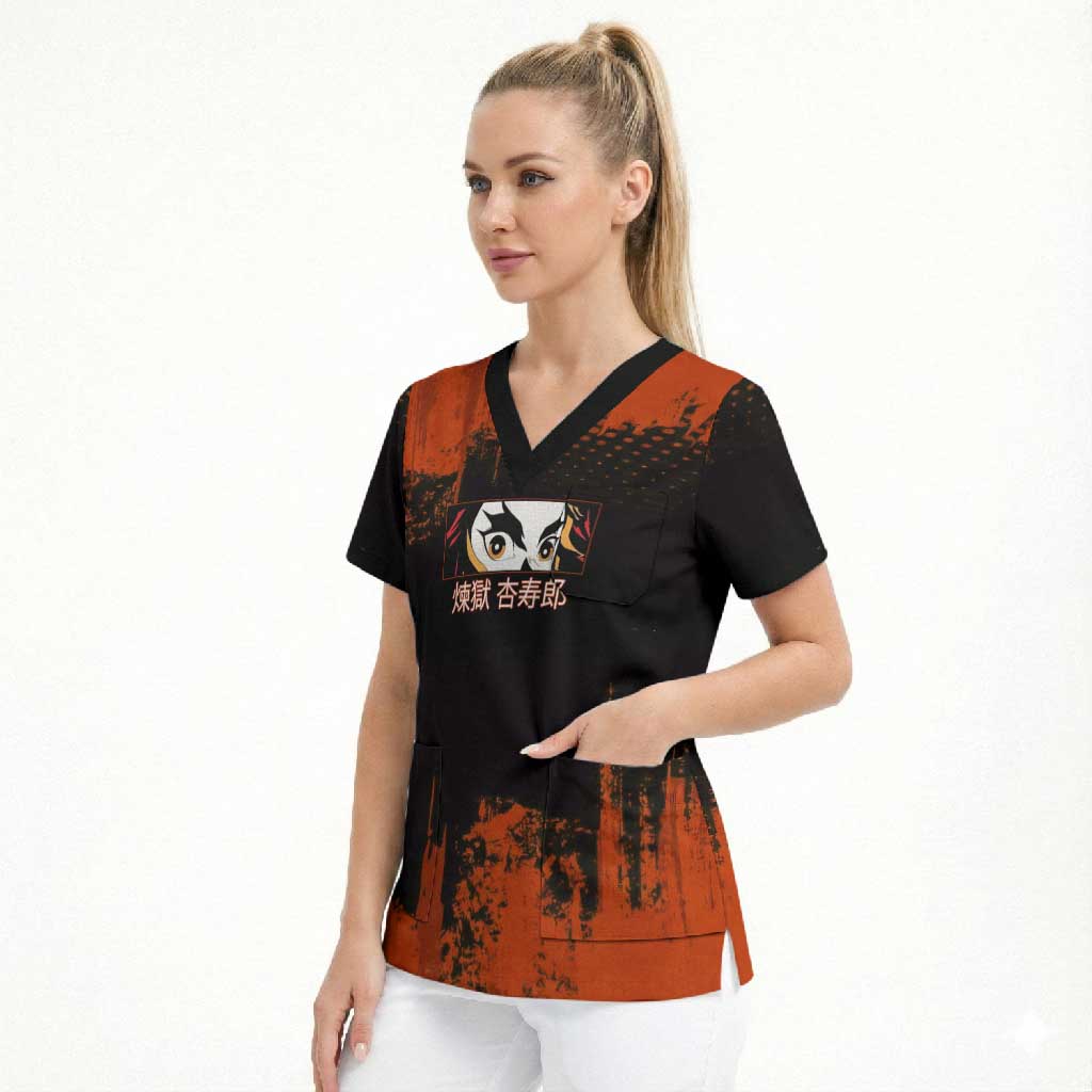 Kyojuro Rengoku Demon Slayer Black and Orange Grunge Design Scrub Top with Bold Eyes and Flame Hashira Artwork - The Mazicc