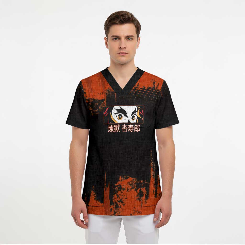 Kyojuro Rengoku Demon Slayer Black and Orange Grunge Design Scrub Top with Bold Eyes and Flame Hashira Artwork - The Mazicc