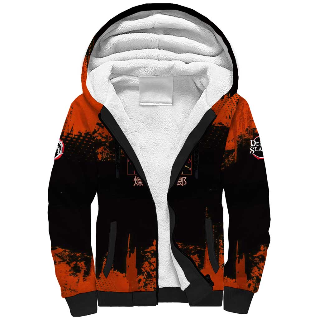 Kyojuro Rengoku Demon Slayer Black and Orange Grunge Design Sherpa Hoodie with Bold Eyes and Flame Hashira Artwork - The Mazicc