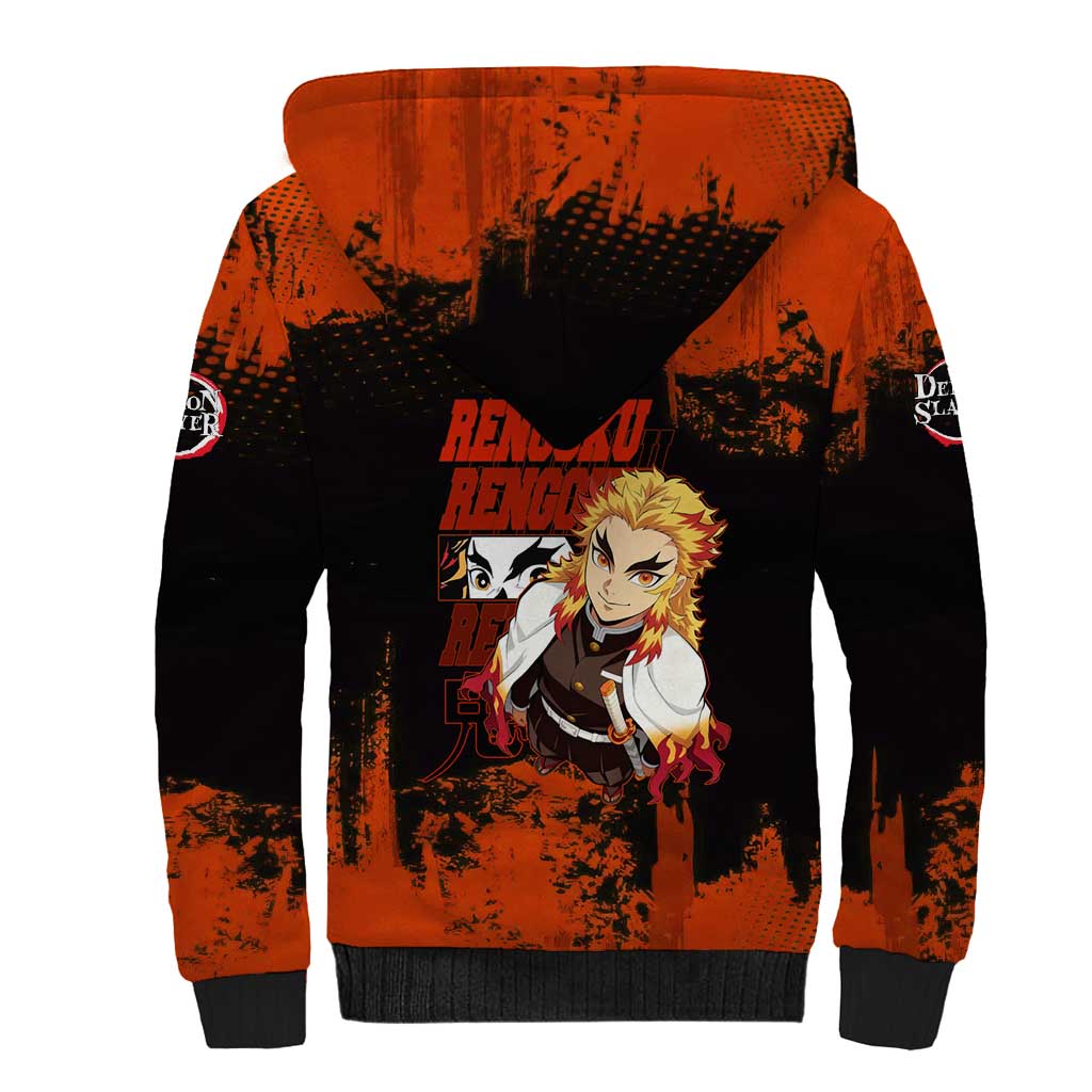 Kyojuro Rengoku Demon Slayer Black and Orange Grunge Design Sherpa Hoodie with Bold Eyes and Flame Hashira Artwork - The Mazicc