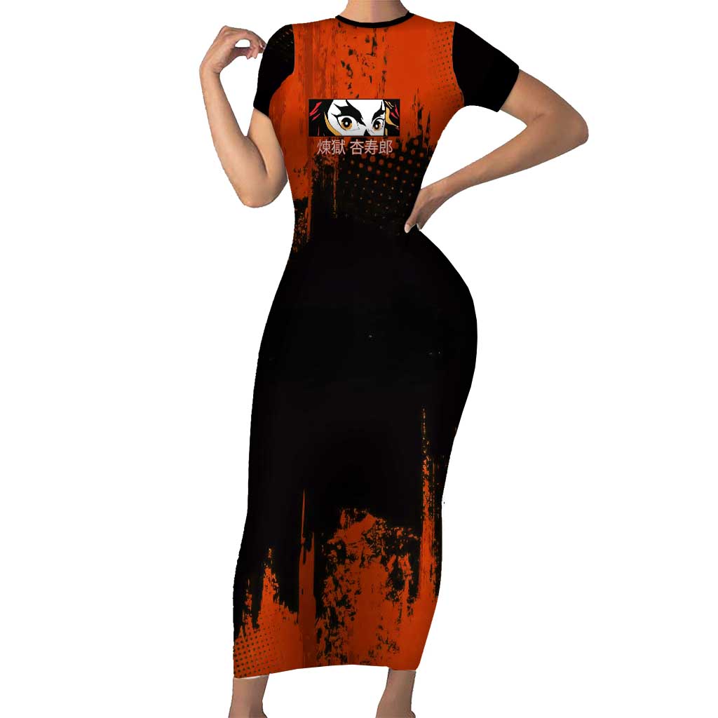 Kyojuro Rengoku Demon Slayer Black and Orange Grunge Design Short Sleeve Bodycon Dress with Bold Eyes and Flame Hashira Artwork - The Mazicc