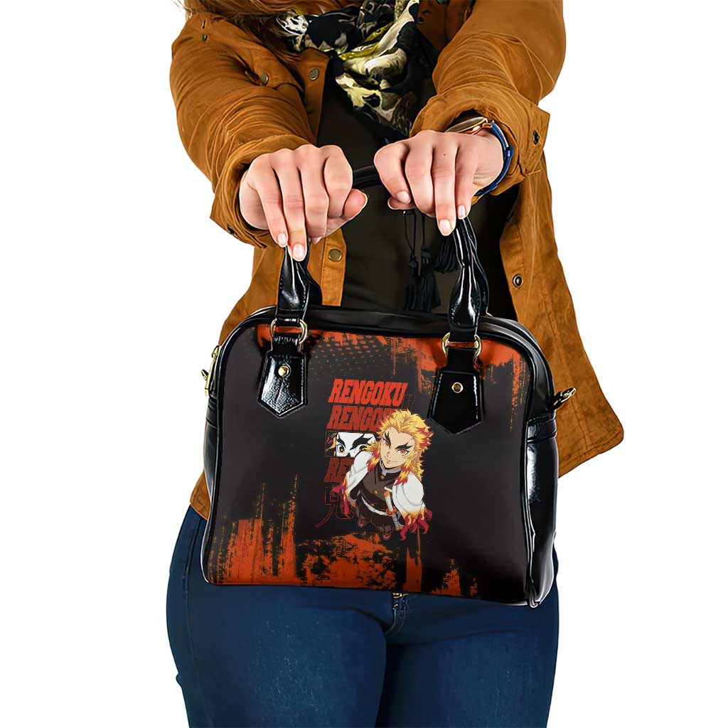 Kyojuro Rengoku Demon Slayer Black and Orange Grunge Design Shoulder Handbag with Bold Eyes and Flame Hashira Artwork - The Mazicc
