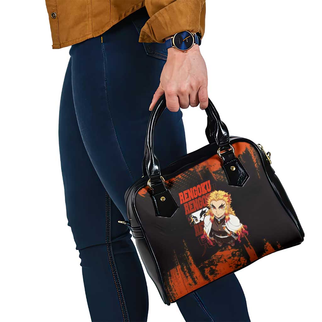 Kyojuro Rengoku Demon Slayer Black and Orange Grunge Design Shoulder Handbag with Bold Eyes and Flame Hashira Artwork - The Mazicc