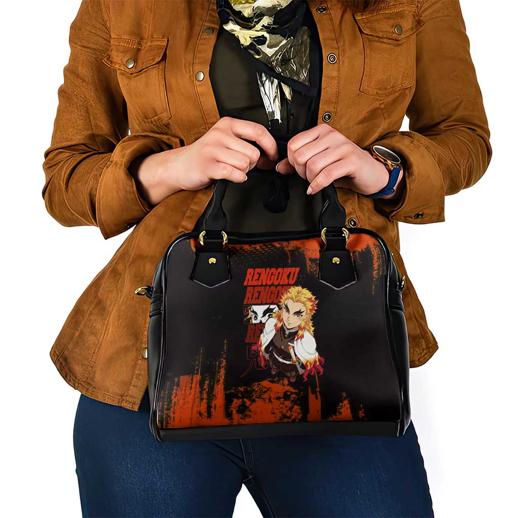 Kyojuro Rengoku Demon Slayer Black and Orange Grunge Design Shoulder Handbag with Bold Eyes and Flame Hashira Artwork - The Mazicc