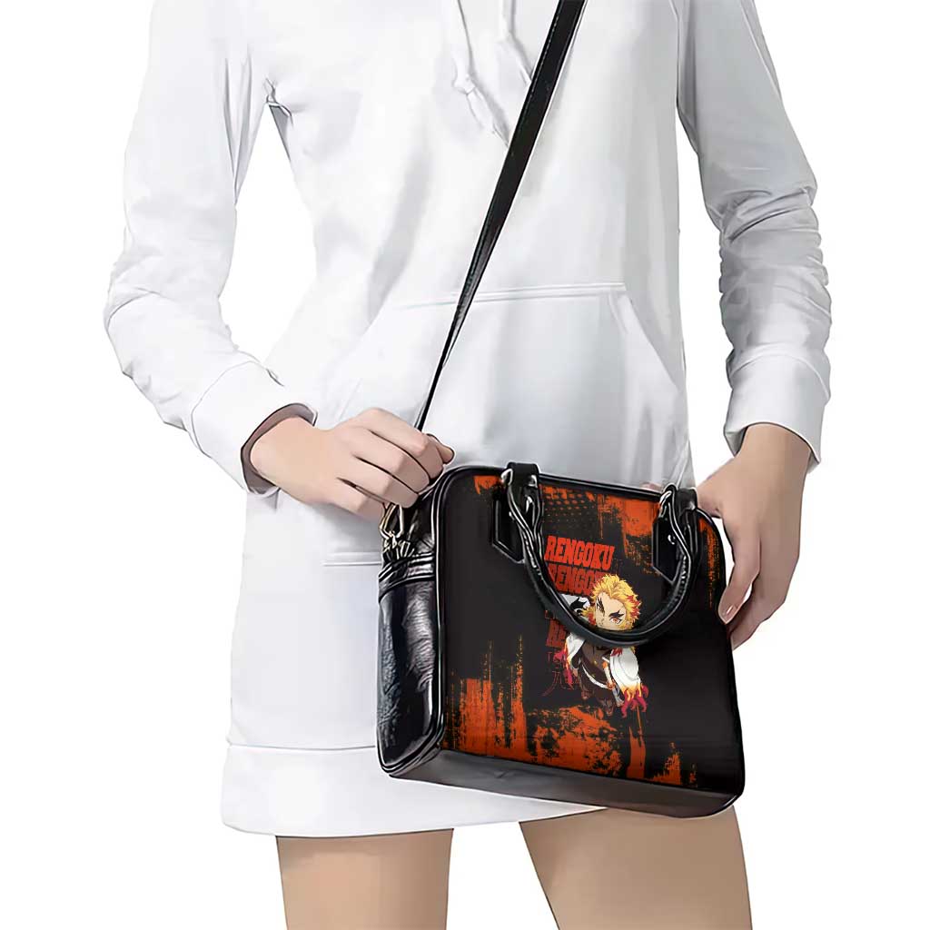 Kyojuro Rengoku Demon Slayer Black and Orange Grunge Design Shoulder Handbag with Bold Eyes and Flame Hashira Artwork - The Mazicc