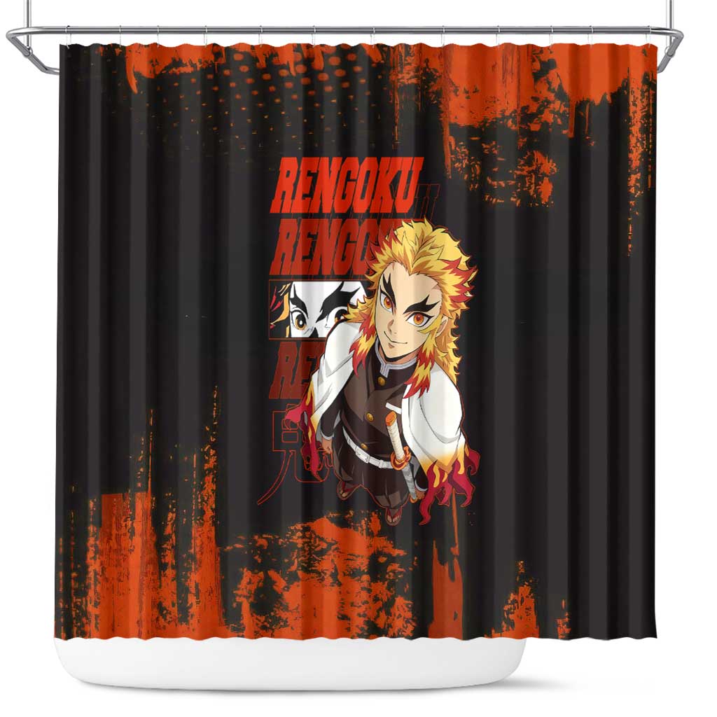 Kyojuro Rengoku Demon Slayer Black and Orange Grunge Design Shower Curtain with Bold Eyes and Flame Hashira Artwork - The Mazicc