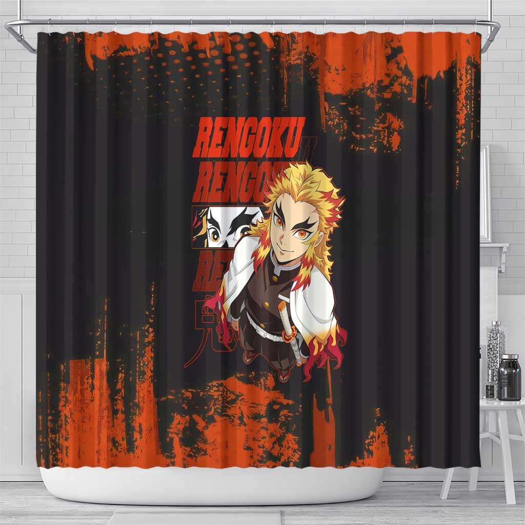 Kyojuro Rengoku Demon Slayer Black and Orange Grunge Design Shower Curtain with Bold Eyes and Flame Hashira Artwork - The Mazicc