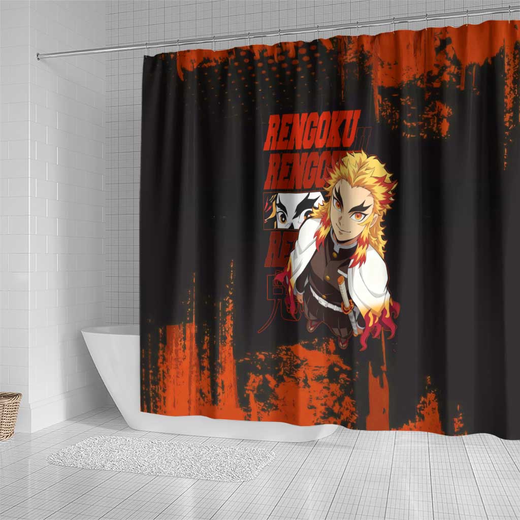 Kyojuro Rengoku Demon Slayer Black and Orange Grunge Design Shower Curtain with Bold Eyes and Flame Hashira Artwork - The Mazicc