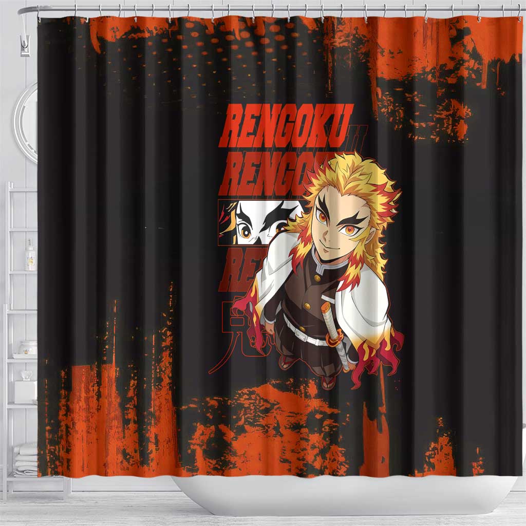 Kyojuro Rengoku Demon Slayer Black and Orange Grunge Design Shower Curtain with Bold Eyes and Flame Hashira Artwork - The Mazicc