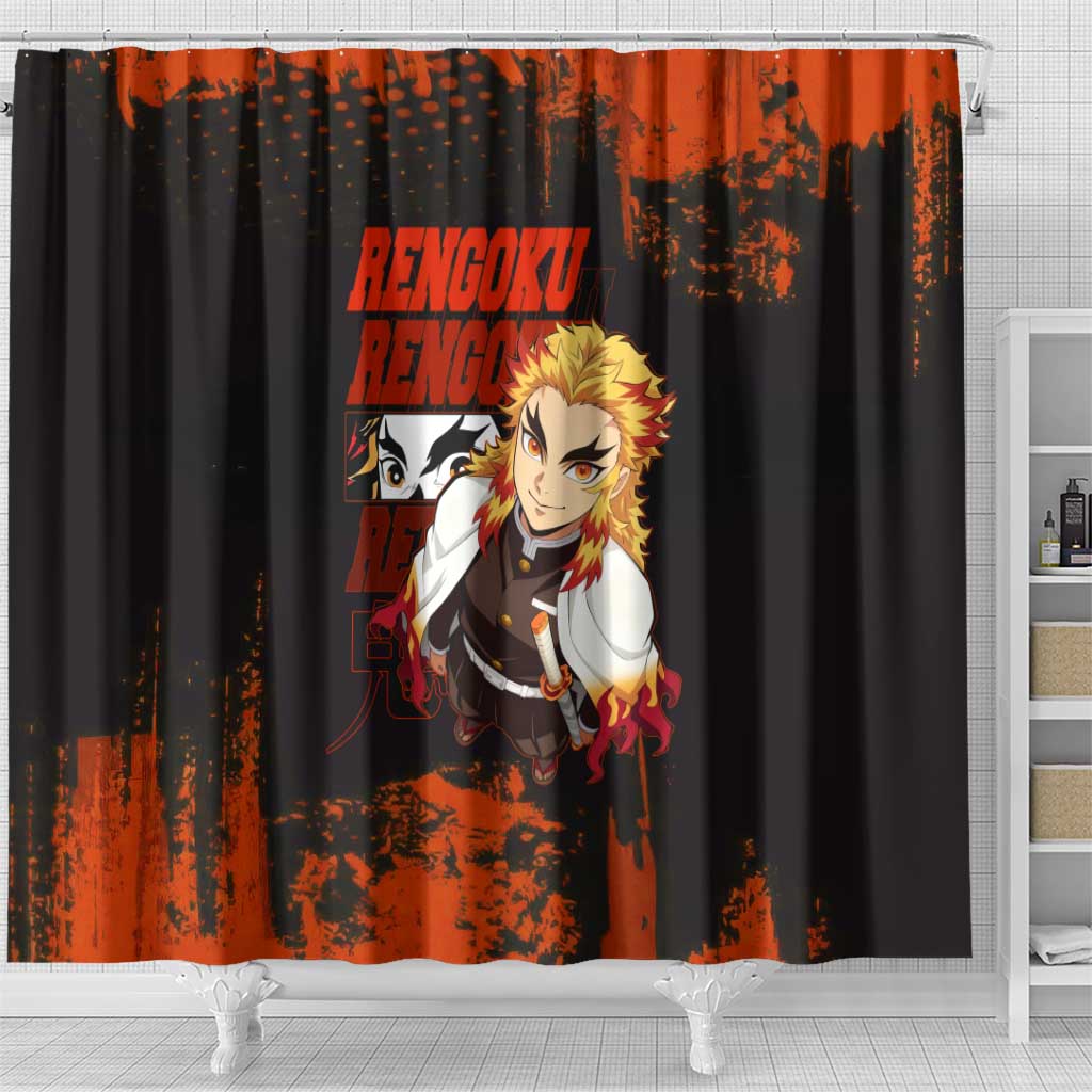 Kyojuro Rengoku Demon Slayer Black and Orange Grunge Design Shower Curtain with Bold Eyes and Flame Hashira Artwork - The Mazicc