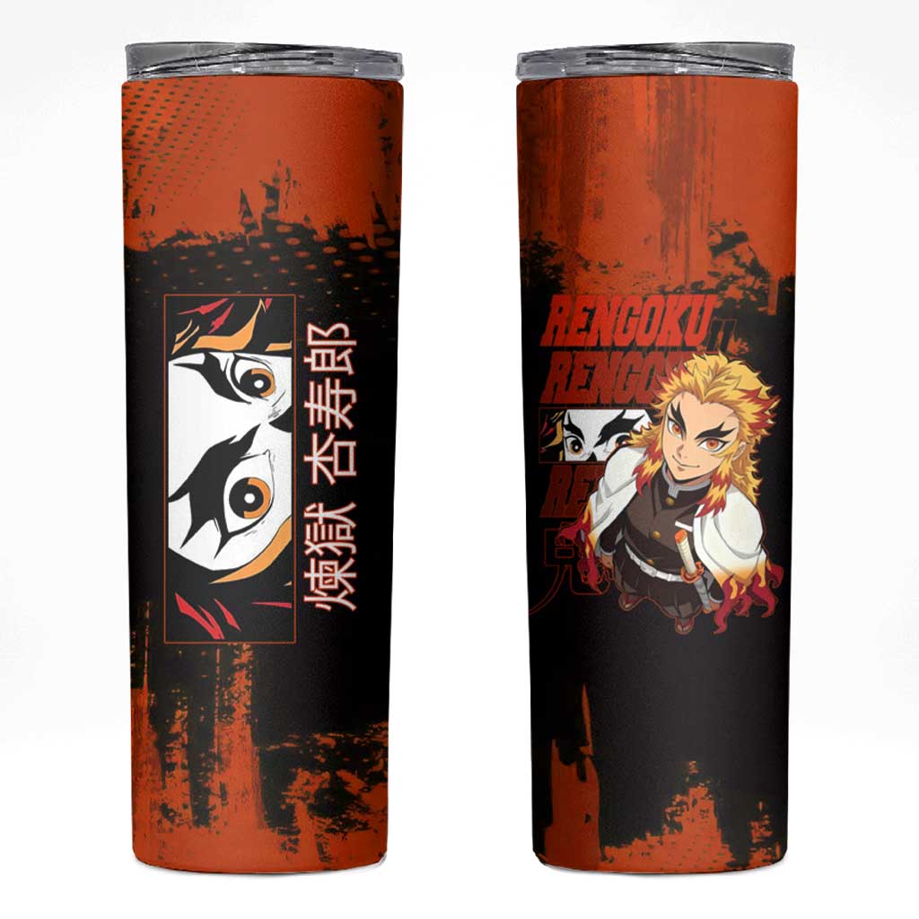 Kyojuro Rengoku Demon Slayer Black and Orange Grunge Design Skinny Tumbler with Bold Eyes and Flame Hashira Artwork - The Mazicc