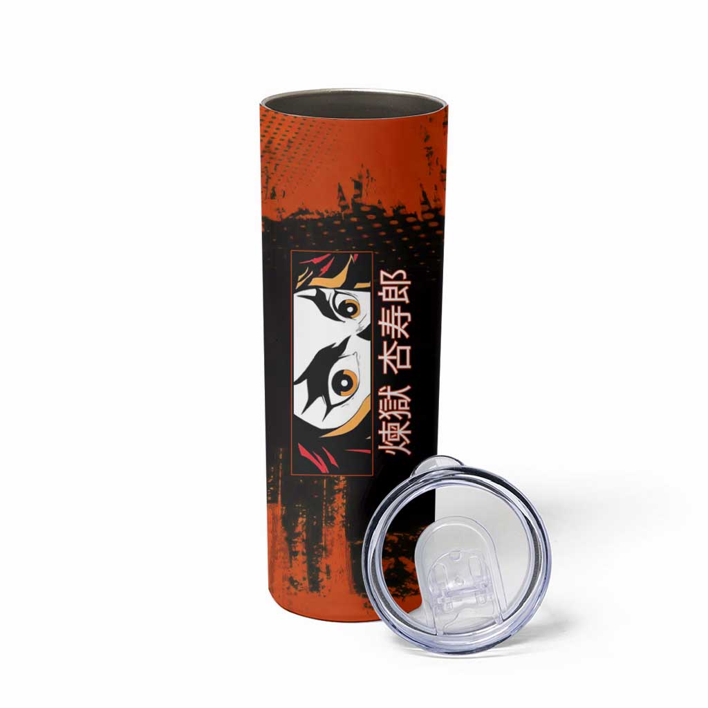 Kyojuro Rengoku Demon Slayer Black and Orange Grunge Design Skinny Tumbler with Bold Eyes and Flame Hashira Artwork - The Mazicc