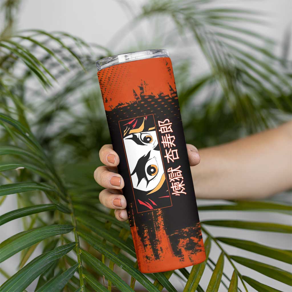 Kyojuro Rengoku Demon Slayer Black and Orange Grunge Design Skinny Tumbler with Bold Eyes and Flame Hashira Artwork - The Mazicc