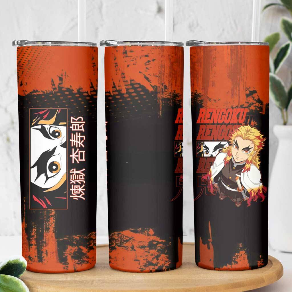 Kyojuro Rengoku Demon Slayer Black and Orange Grunge Design Skinny Tumbler with Bold Eyes and Flame Hashira Artwork - The Mazicc