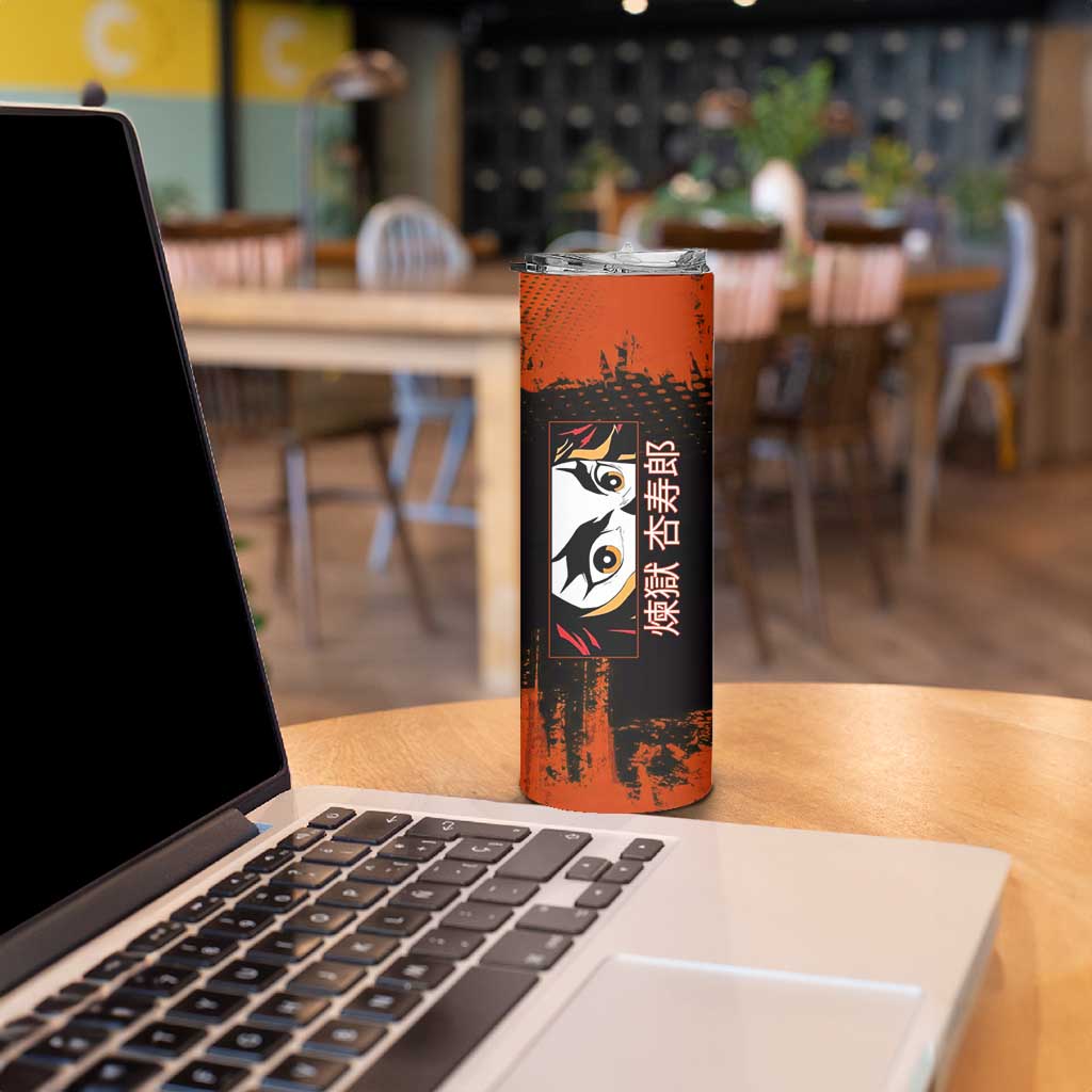 Kyojuro Rengoku Demon Slayer Black and Orange Grunge Design Skinny Tumbler with Bold Eyes and Flame Hashira Artwork - The Mazicc