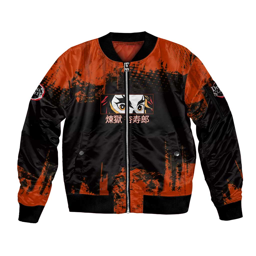 Kyojuro Rengoku Demon Slayer Black and Orange Grunge Design Sleeve Zip Bomber Jacket with Bold Eyes and Flame Hashira Artwork - The Mazicc