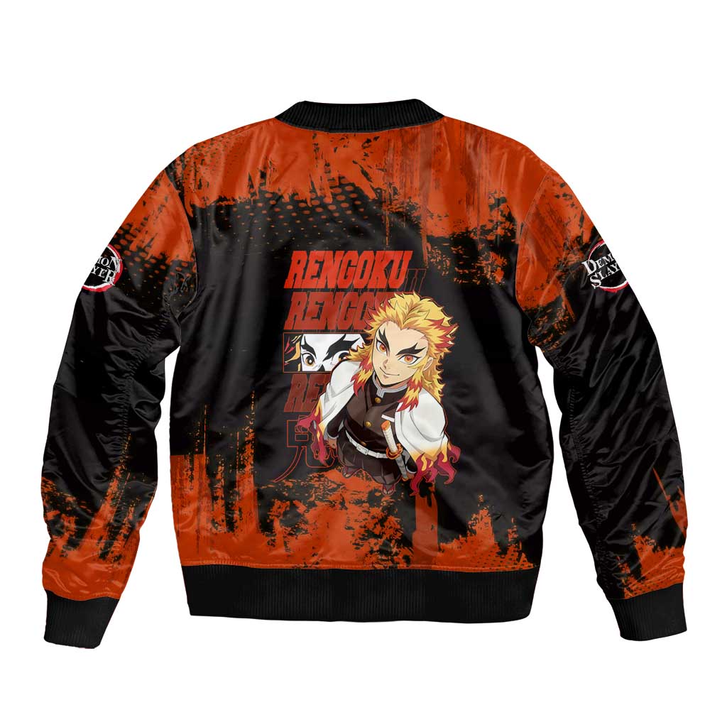 Kyojuro Rengoku Demon Slayer Black and Orange Grunge Design Sleeve Zip Bomber Jacket with Bold Eyes and Flame Hashira Artwork - The Mazicc