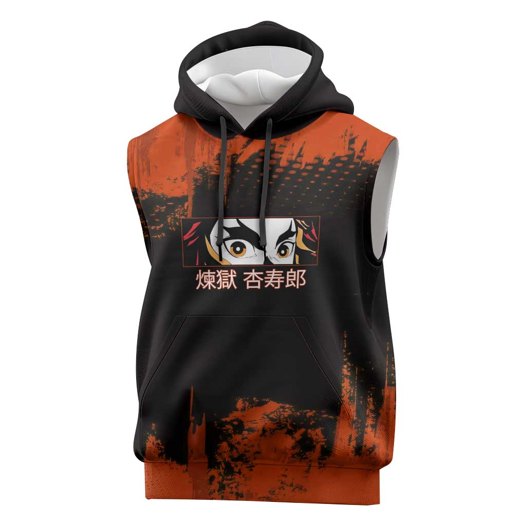 Kyojuro Rengoku Demon Slayer Black and Orange Grunge Design Sleeveless Hoodie with Bold Eyes and Flame Hashira Artwork - The Mazicc