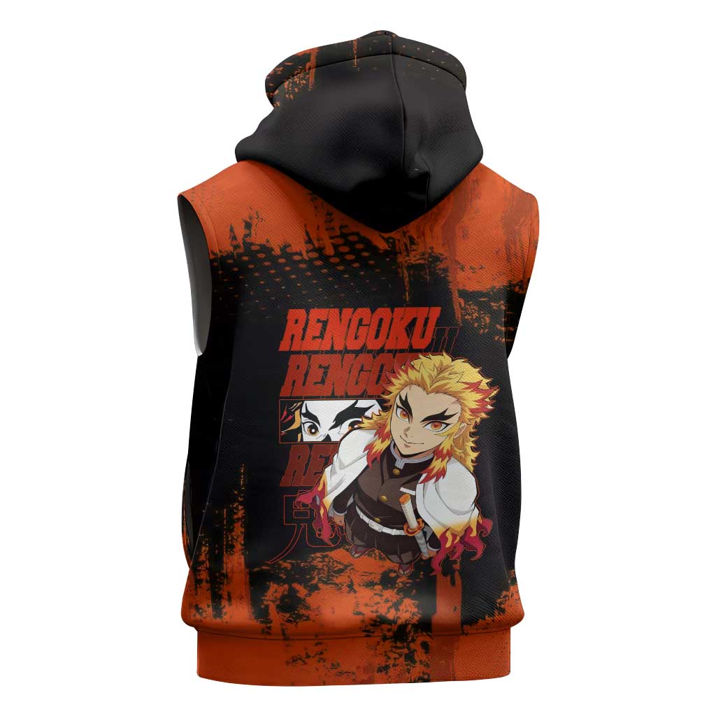 Kyojuro Rengoku Demon Slayer Black and Orange Grunge Design Sleeveless Hoodie with Bold Eyes and Flame Hashira Artwork - The Mazicc
