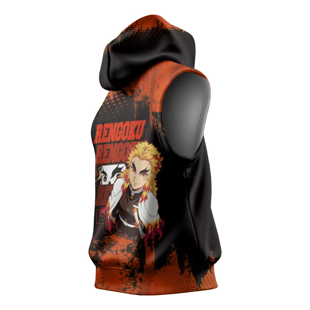 Kyojuro Rengoku Demon Slayer Black and Orange Grunge Design Sleeveless Hoodie with Bold Eyes and Flame Hashira Artwork - The Mazicc