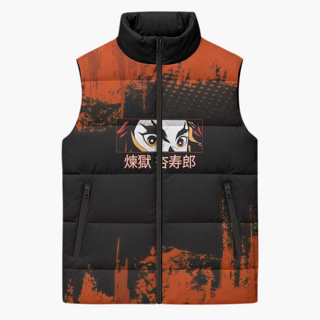 Kyojuro Rengoku Demon Slayer Black and Orange Grunge Design Sleeveless Puffer Jacket with Bold Eyes and Flame Hashira Artwork - The Mazicc