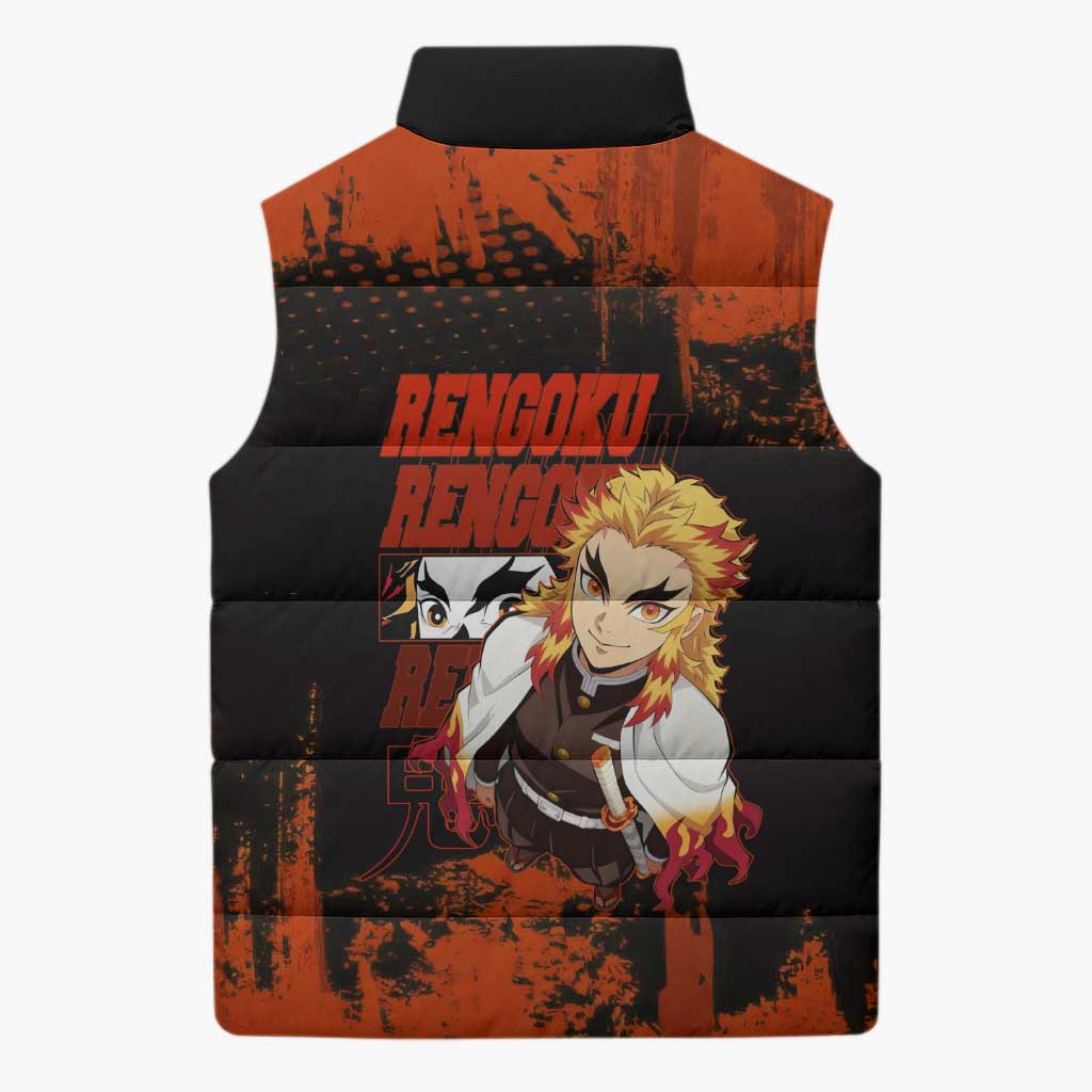 Kyojuro Rengoku Demon Slayer Black and Orange Grunge Design Sleeveless Puffer Jacket with Bold Eyes and Flame Hashira Artwork - The Mazicc
