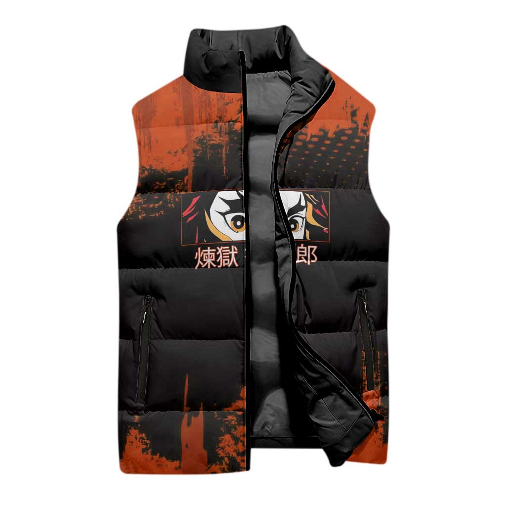 Kyojuro Rengoku Demon Slayer Black and Orange Grunge Design Sleeveless Puffer Jacket with Bold Eyes and Flame Hashira Artwork - The Mazicc