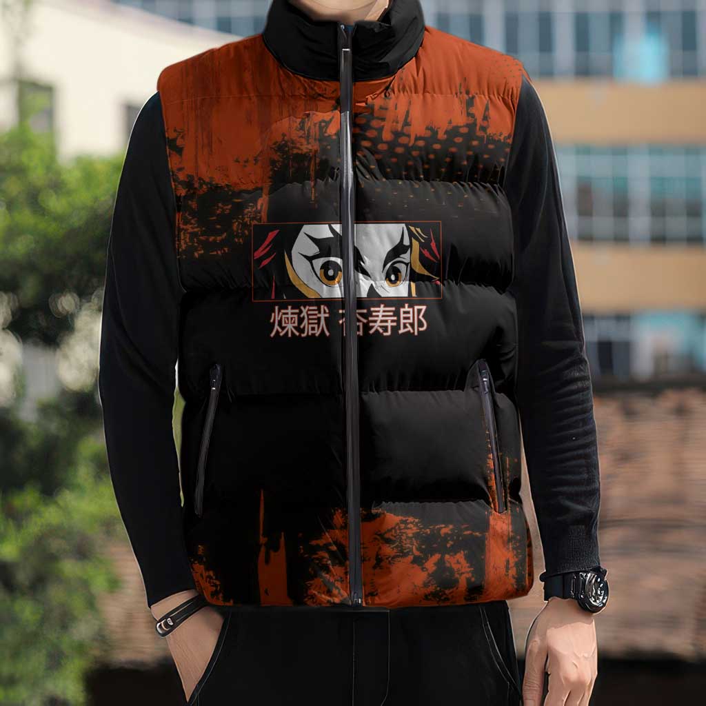 Kyojuro Rengoku Demon Slayer Black and Orange Grunge Design Sleeveless Puffer Jacket with Bold Eyes and Flame Hashira Artwork - The Mazicc