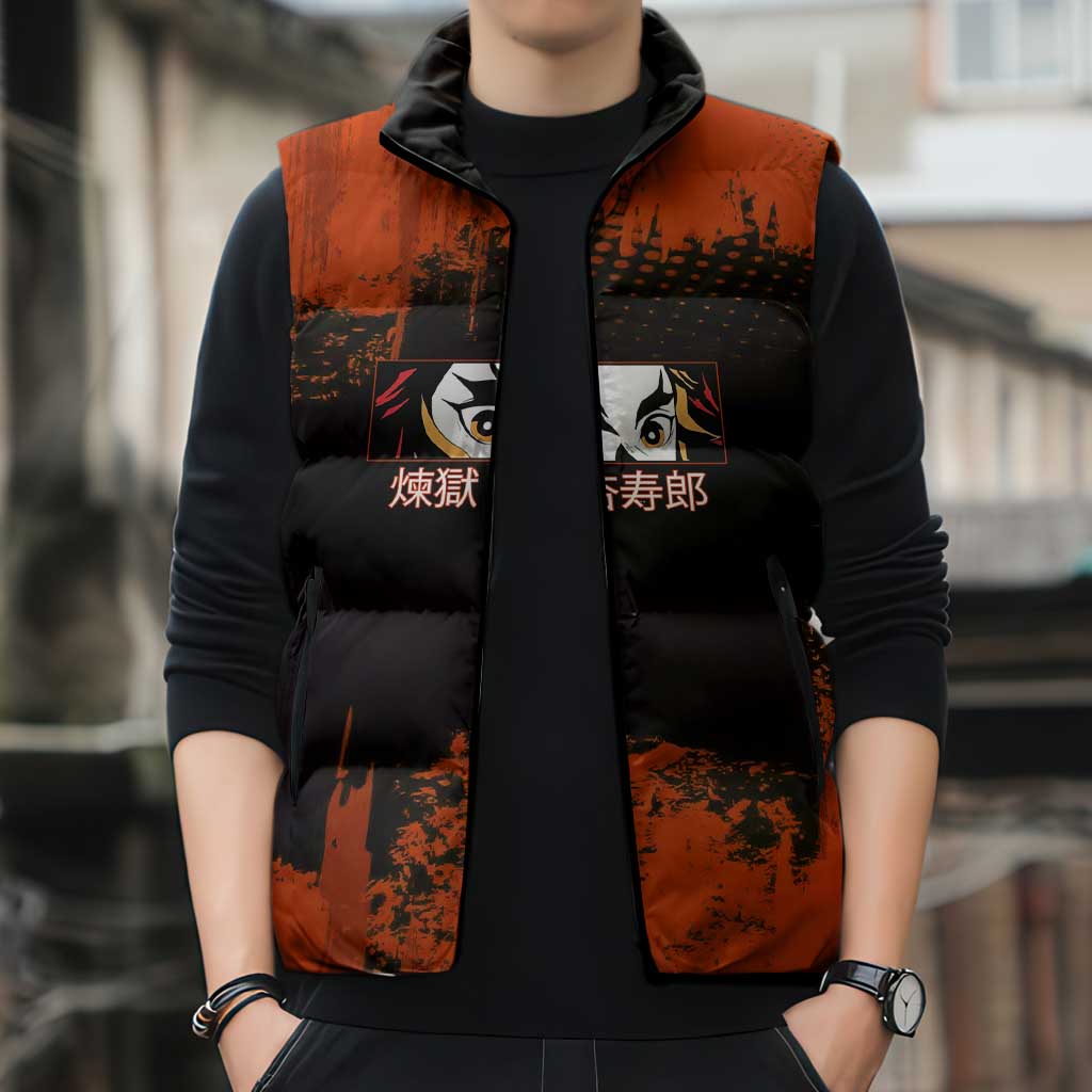 Kyojuro Rengoku Demon Slayer Black and Orange Grunge Design Sleeveless Puffer Jacket with Bold Eyes and Flame Hashira Artwork - The Mazicc