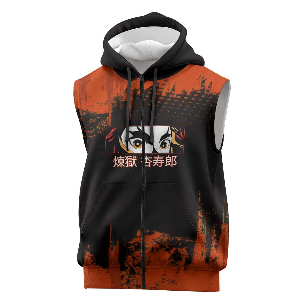 Kyojuro Rengoku Demon Slayer Black and Orange Grunge Design Sleeveless Zip Hoodie with Bold Eyes and Flame Hashira Artwork - The Mazicc
