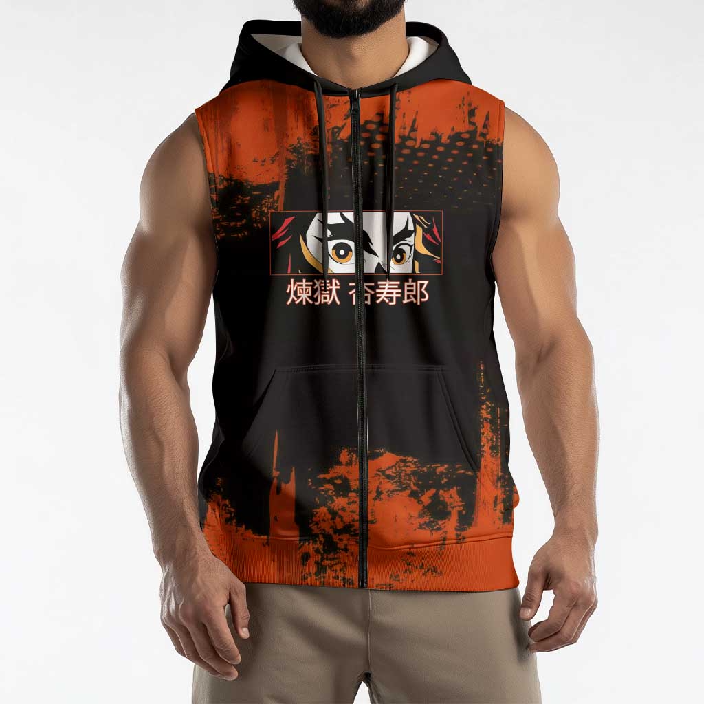 Kyojuro Rengoku Demon Slayer Black and Orange Grunge Design Sleeveless Zip Hoodie with Bold Eyes and Flame Hashira Artwork - The Mazicc