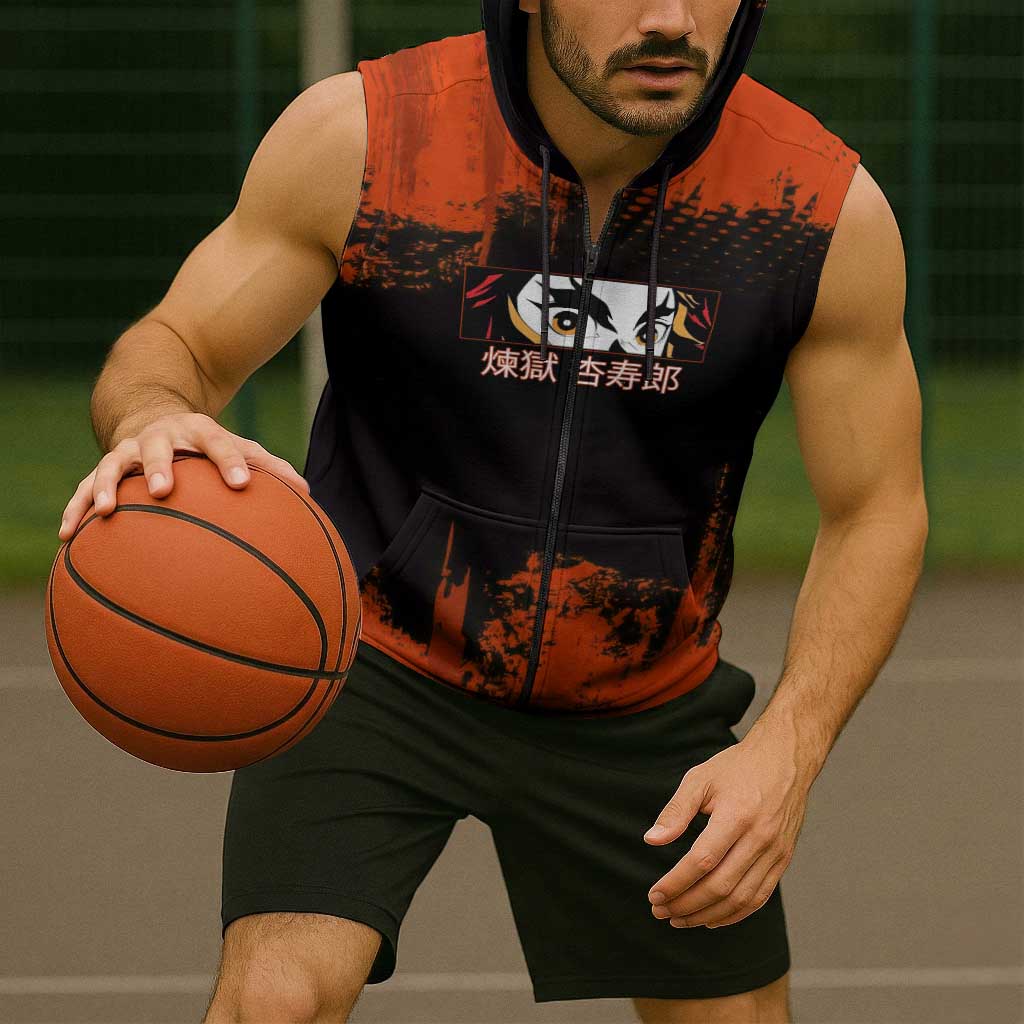 Kyojuro Rengoku Demon Slayer Black and Orange Grunge Design Sleeveless Zip Hoodie with Bold Eyes and Flame Hashira Artwork - The Mazicc