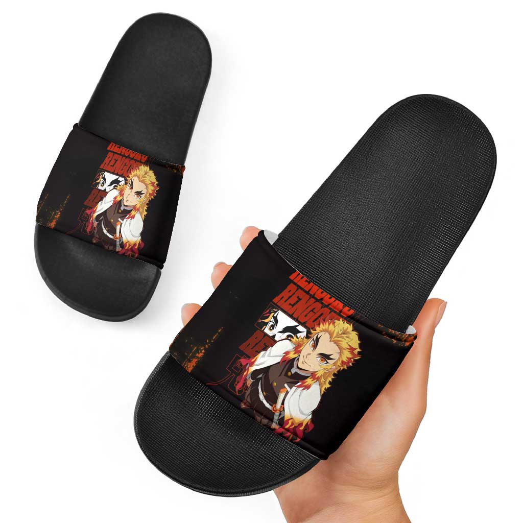 Kyojuro Rengoku Demon Slayer Black and Orange Grunge Design Slide Sandals with Bold Eyes and Flame Hashira Artwork - The Mazicc