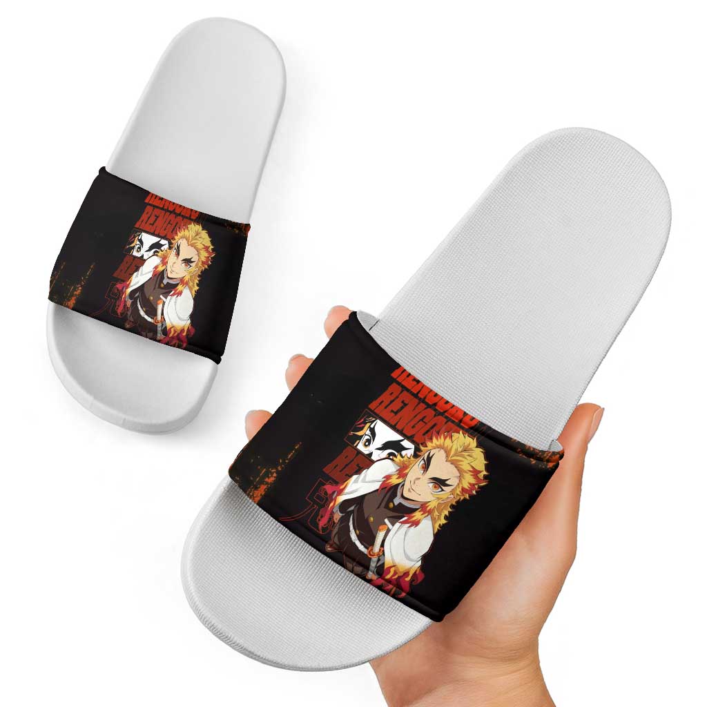 Kyojuro Rengoku Demon Slayer Black and Orange Grunge Design Slide Sandals with Bold Eyes and Flame Hashira Artwork - The Mazicc