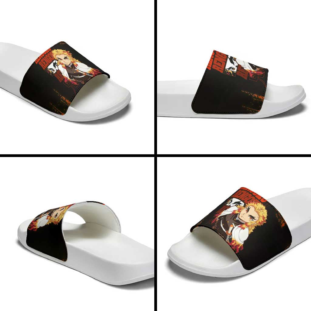 Kyojuro Rengoku Demon Slayer Black and Orange Grunge Design Slide Sandals with Bold Eyes and Flame Hashira Artwork - The Mazicc