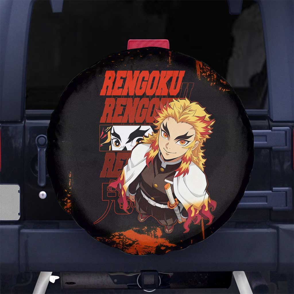 Kyojuro Rengoku Demon Slayer Black and Orange Grunge Design Spare Tire Cover with Bold Eyes and Flame Hashira Artwork - The Mazicc