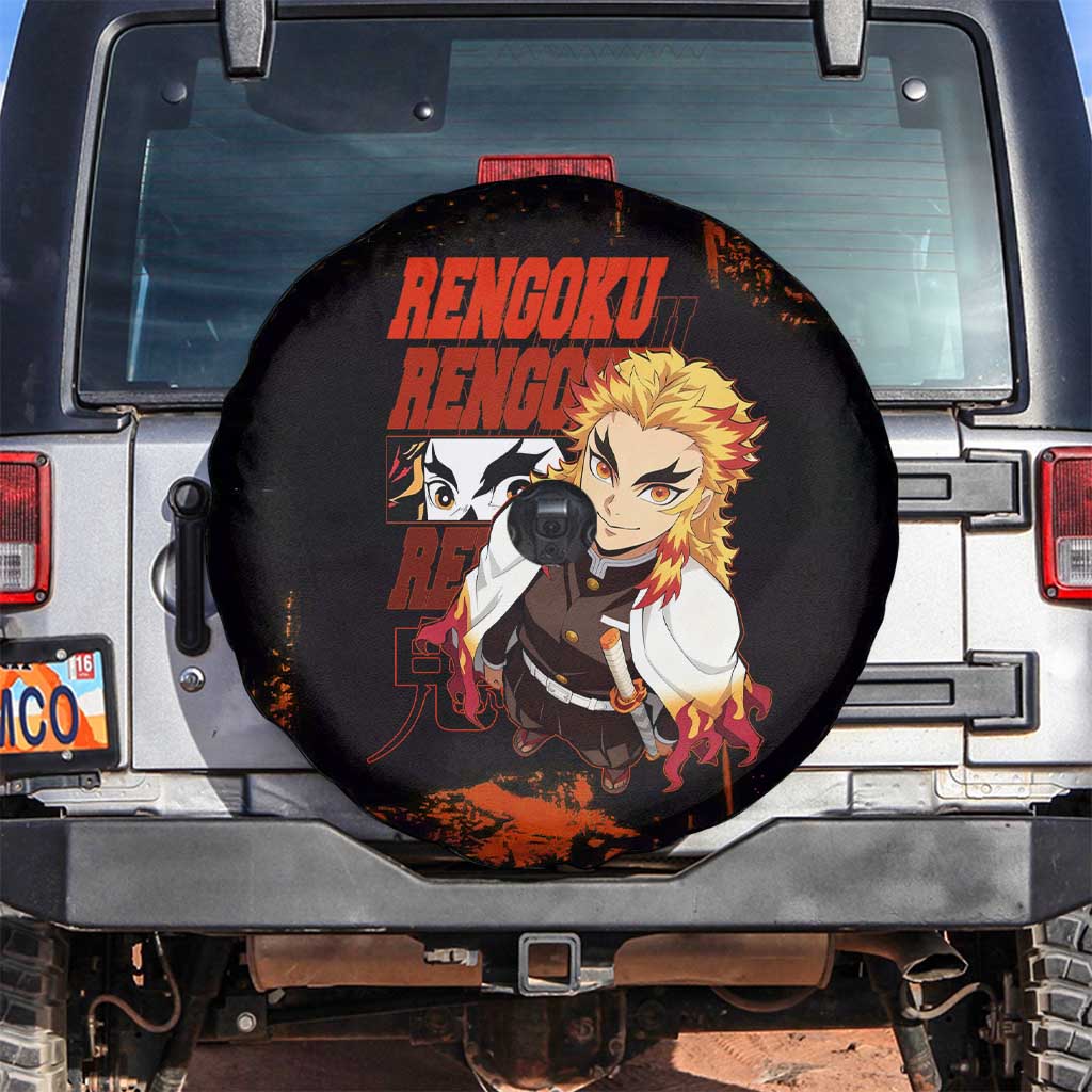 Kyojuro Rengoku Demon Slayer Black and Orange Grunge Design Spare Tire Cover with Bold Eyes and Flame Hashira Artwork - The Mazicc