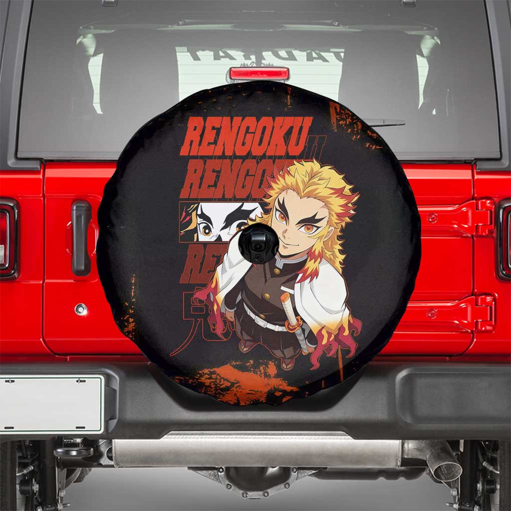 Kyojuro Rengoku Demon Slayer Black and Orange Grunge Design Spare Tire Cover with Bold Eyes and Flame Hashira Artwork - The Mazicc