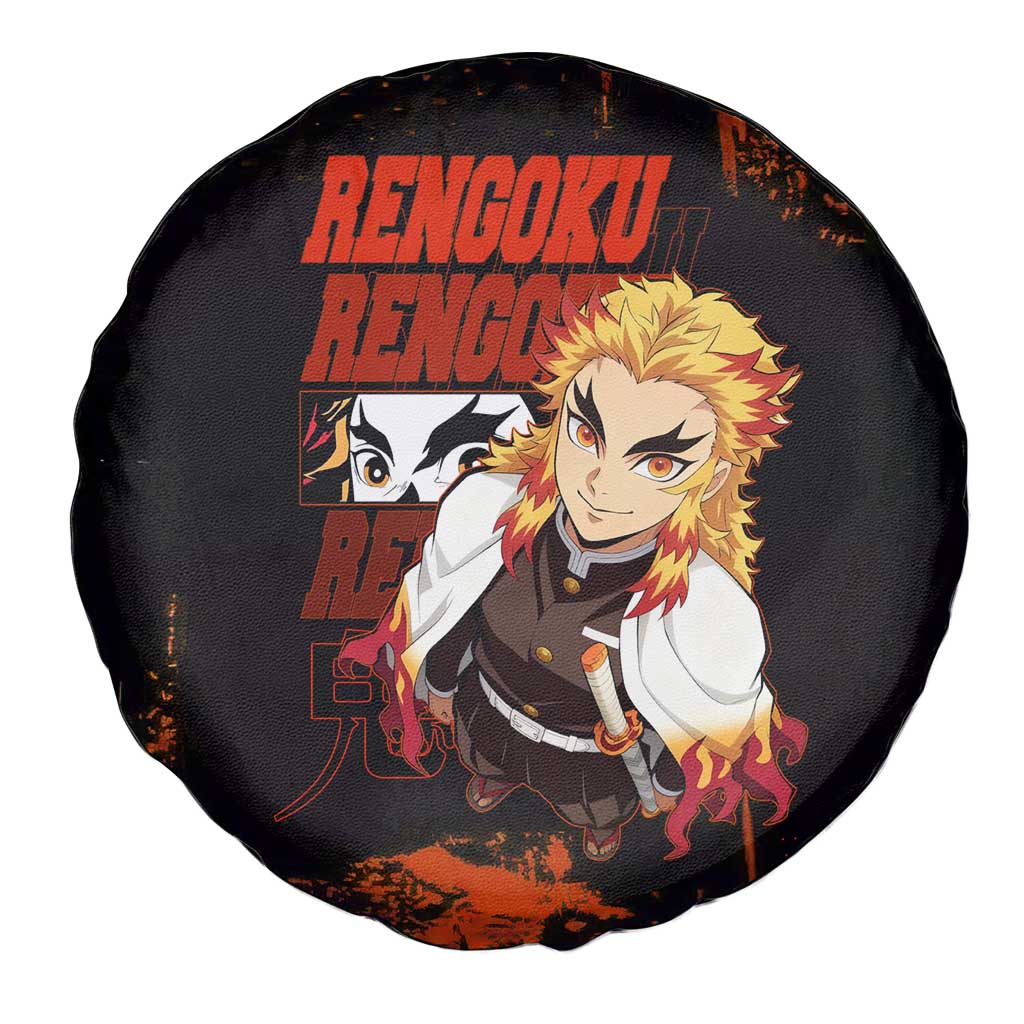 Kyojuro Rengoku Demon Slayer Black and Orange Grunge Design Spare Tire Cover with Bold Eyes and Flame Hashira Artwork - The Mazicc