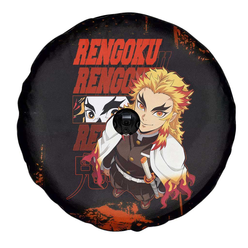 Kyojuro Rengoku Demon Slayer Black and Orange Grunge Design Spare Tire Cover with Bold Eyes and Flame Hashira Artwork - The Mazicc