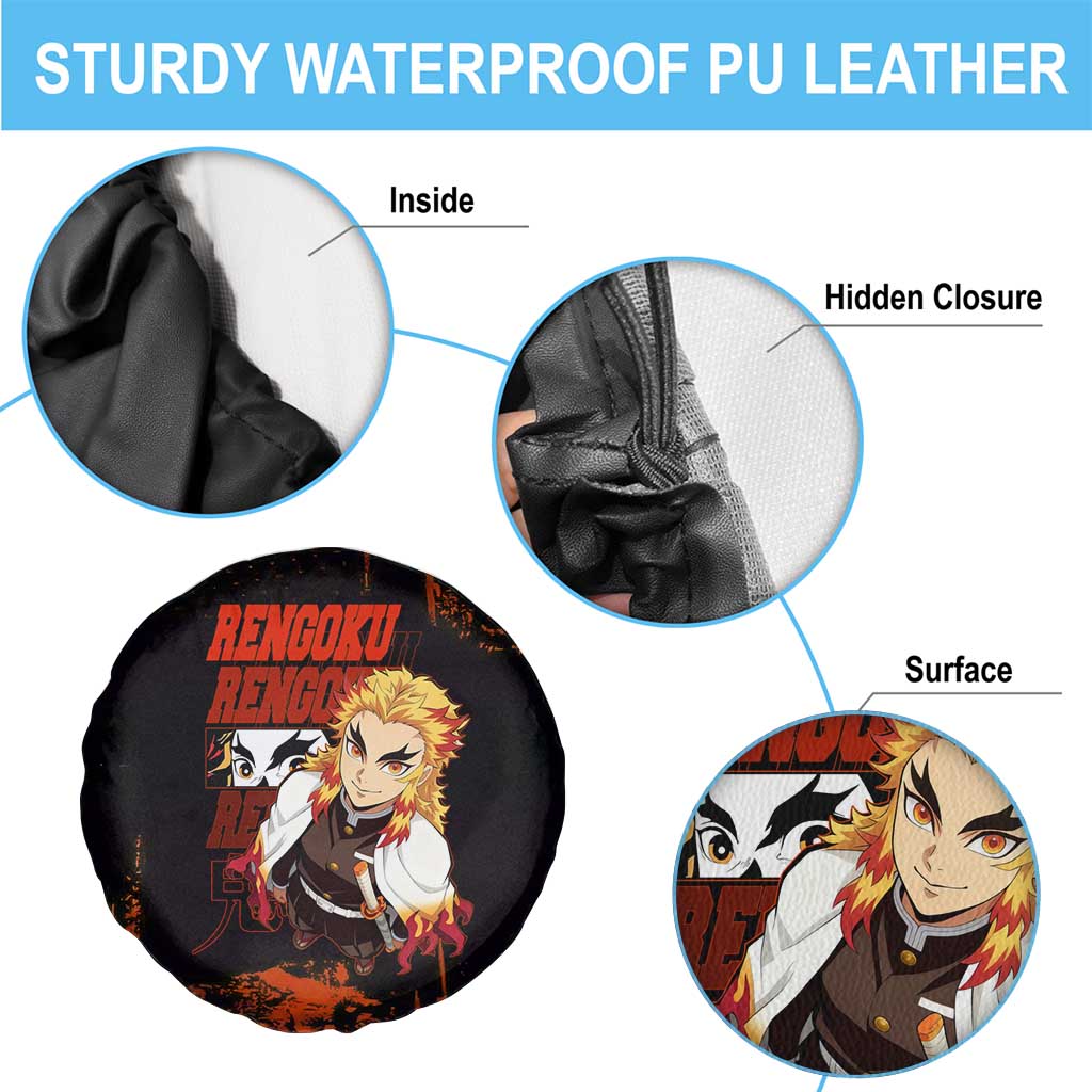 Kyojuro Rengoku Demon Slayer Black and Orange Grunge Design Spare Tire Cover with Bold Eyes and Flame Hashira Artwork - The Mazicc