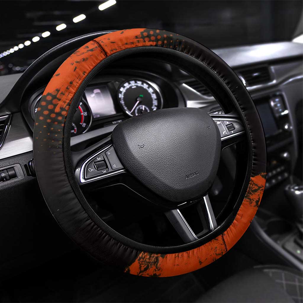 Kyojuro Rengoku Demon Slayer Black and Orange Grunge Design Steering Wheel Cover with Bold Eyes and Flame Hashira Artwork - The Mazicc