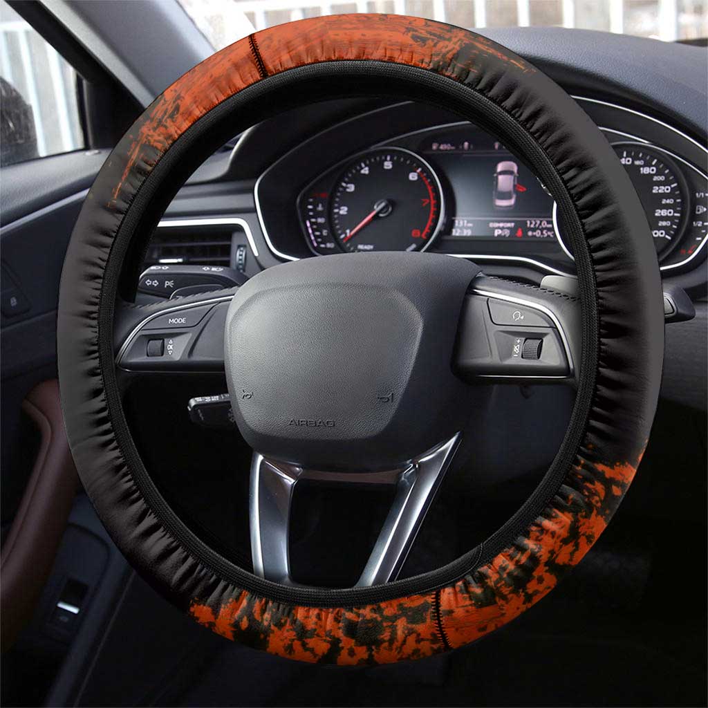 Kyojuro Rengoku Demon Slayer Black and Orange Grunge Design Steering Wheel Cover with Bold Eyes and Flame Hashira Artwork - The Mazicc